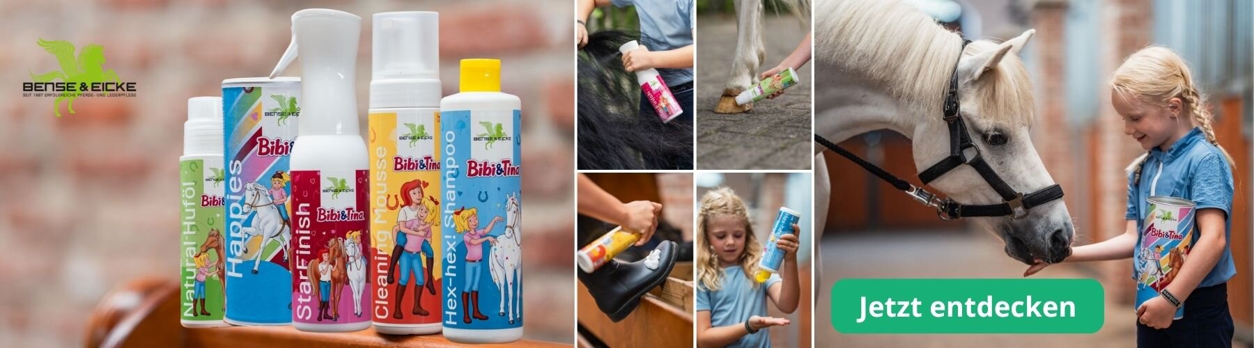 Foto-Collage mit der neuen Produktreihe *Bibi & Tina Edition* von Bense & Eicke mit Tools für die Pferdepflege