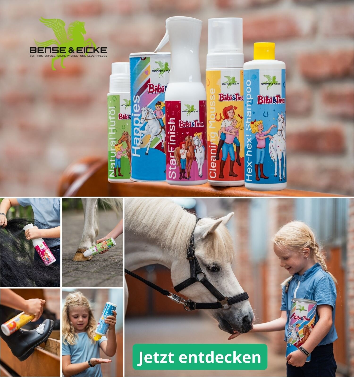Foto-Collage mit der neuen Produktreihe *Bibi & Tina Edition* von Bense & Eicke mit Tools für die Pferdepflege