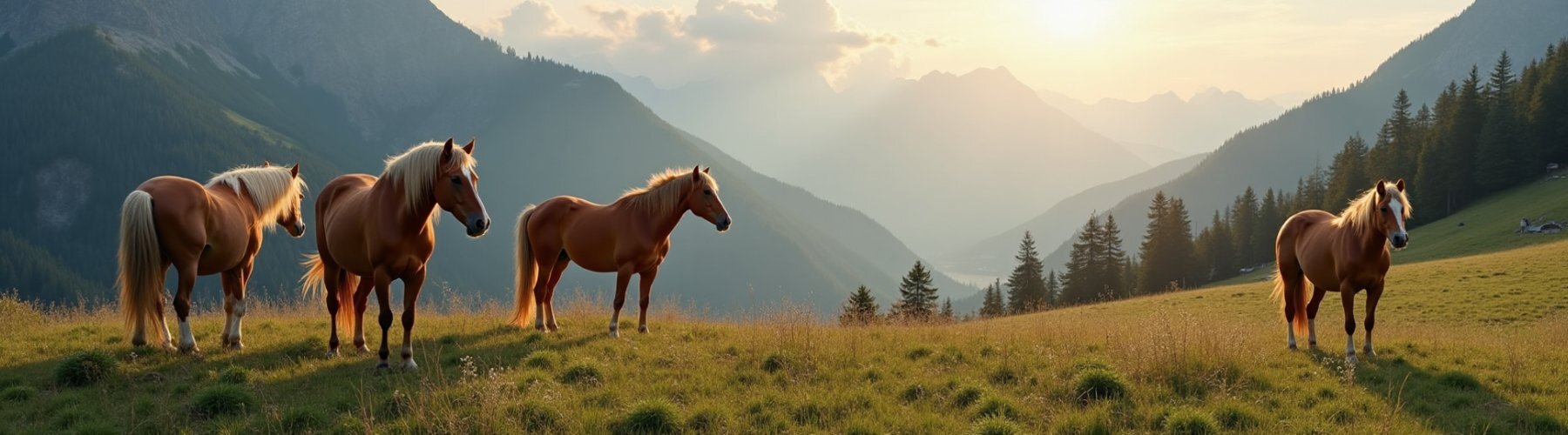 Vier Haflinger stehen auf einer Wiese, im Hintergrund...