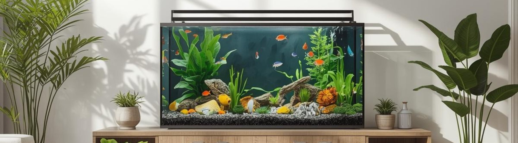 Aquarium mit Fischen, Pflanzen und Dekoration steht auf...