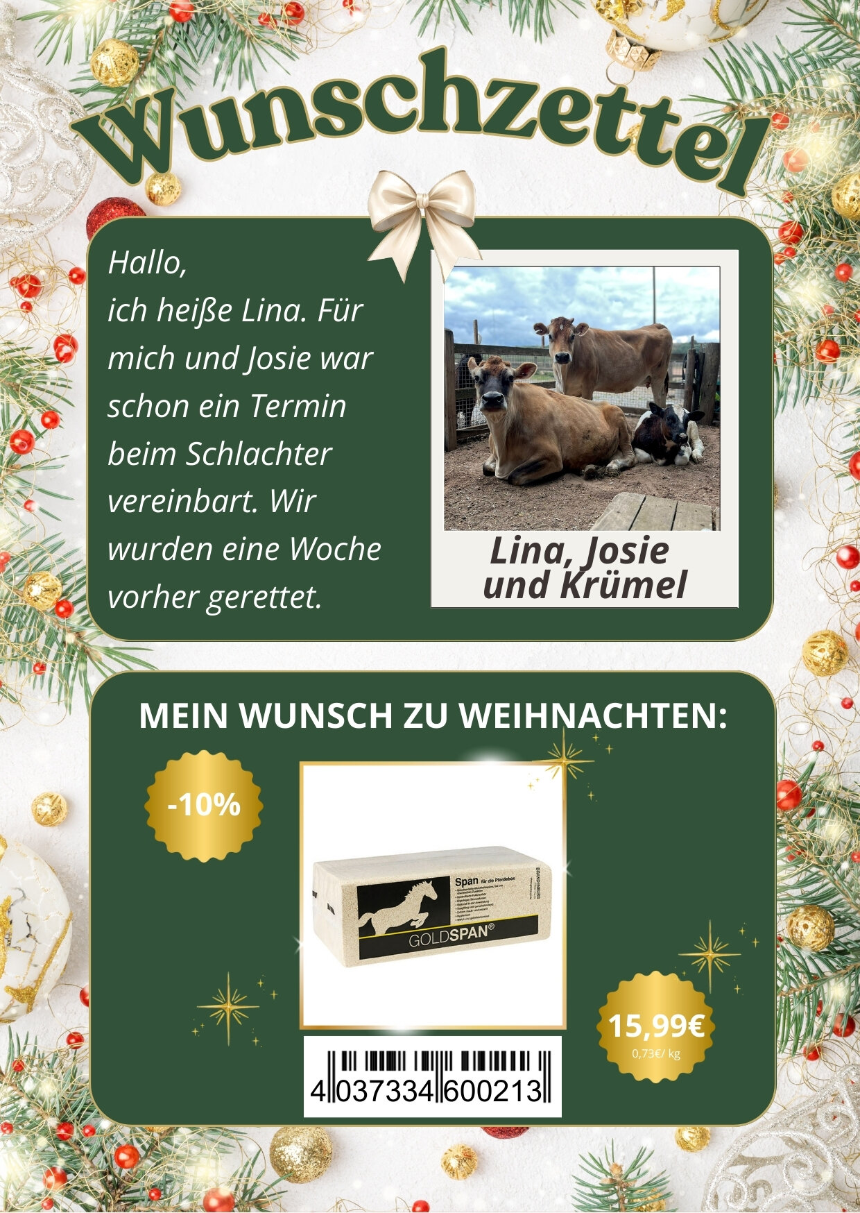 Beispiel eines Wunschzettels der drei Kühe Lina, Josie und Krümel