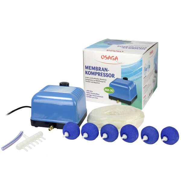 OSAGA Teichbelüftungs-Set MK-30 mit 25 m Schlauch, 6 Ausströmer Ø 50 mm