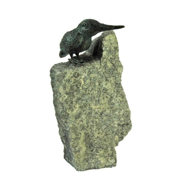 Rottenecker Bronzefigur Eisvogel Flügel zu auf Granit